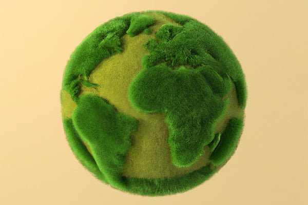 Digitally generated green Earth covered entirely with grass and moss