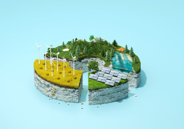 In an illustration, a circle is split into three sections showing trees, rocks and a pond; wind turbines; and solar panels.