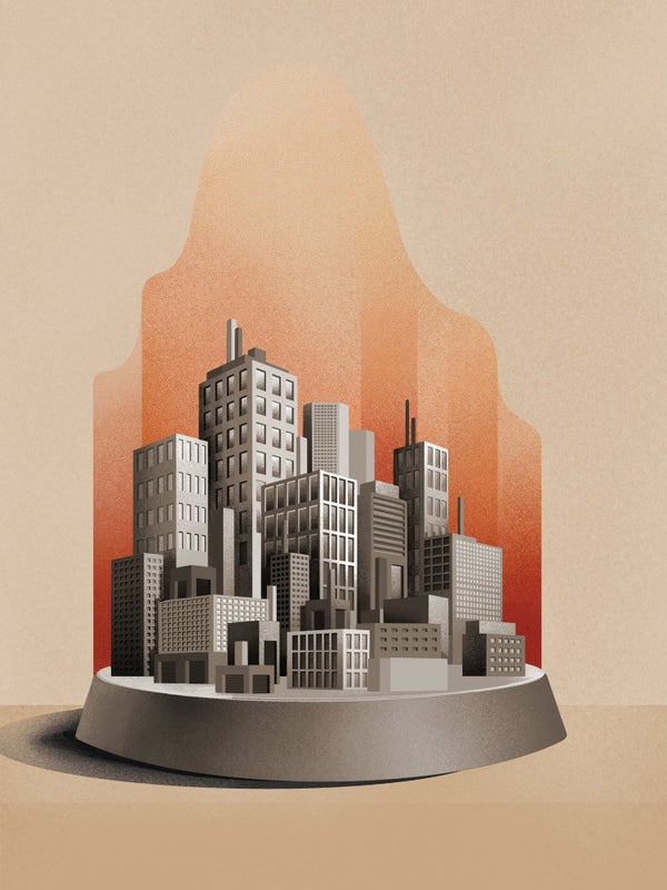 Illustration of an urban city in front of an orange background.
