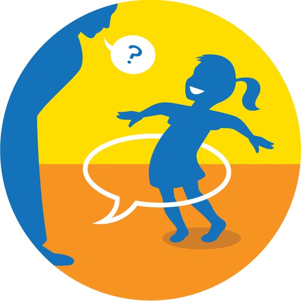 Child playing hola hoop in the shape of a chat icon while an adult male questions her.