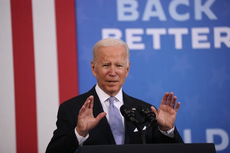 President Joe Biden speaks at an event at the Electric City Trolley Museum.
