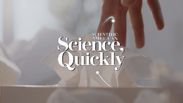 A human hand pulls a tissue out of a tissue box with "Science, Quickly" logo on top