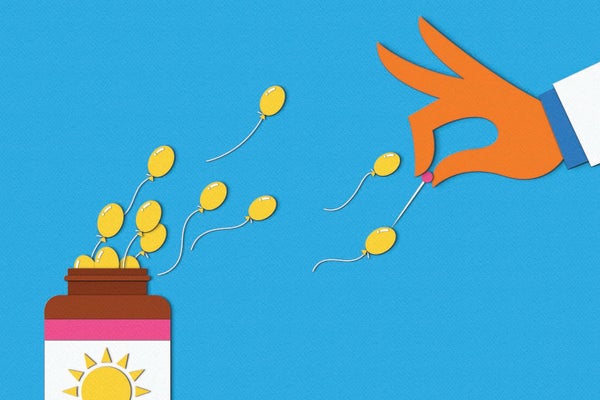 Illustration of a Vitamin D pill bottle with yellow balloons flying out of it, then being popped by a pin in a hand.