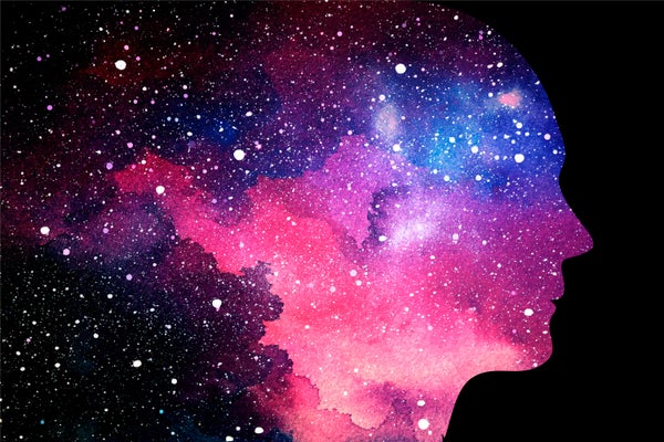 Profile of head on starry space background
