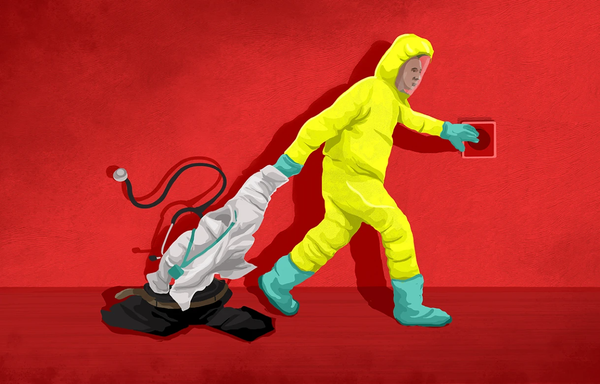 Doctor leaves his lab coat and clothes behind to wear a yellow hazmat suit and pushes panic button