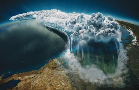 Illustration of a big cloud dumping water on the North American West Coast.