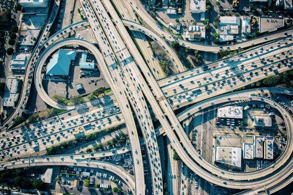 Los Angeles Freeway Interchange at rush hour.