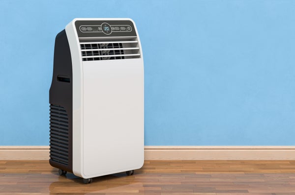 A 3D rendering of a portable air conditioner in a room near a wall.