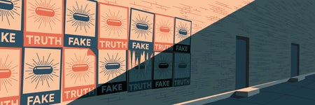 Fake and truth signs on a wall