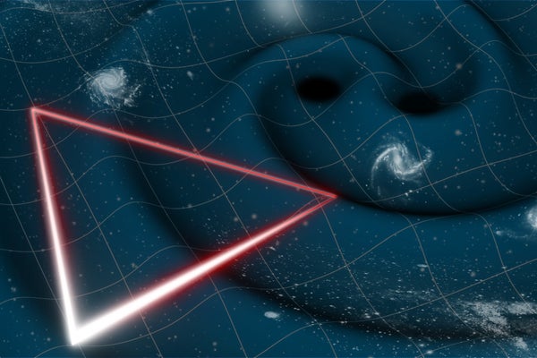 Illustration, 2 black holes merging, creating ripples in the fabric of spacetime triangle of shining red lines meant to represent the position of the three LISA spacecraft and the laser beams that will travel between them
