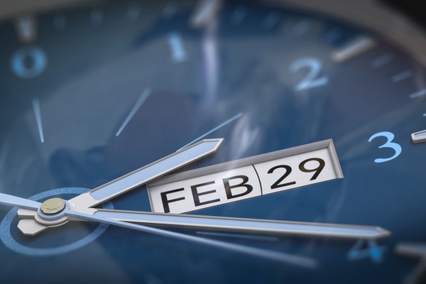 Clock with february 29th written on it. Leap year concept