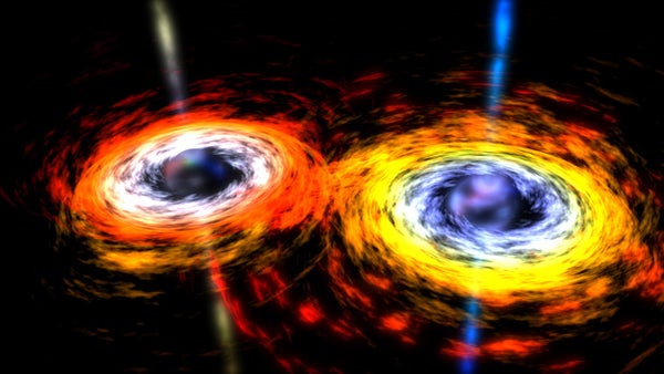 An illustration of two soon-to-merge black holes
