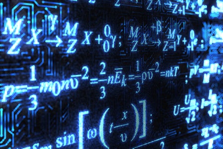 mathematic formulas on a computer display, blue text on black screen