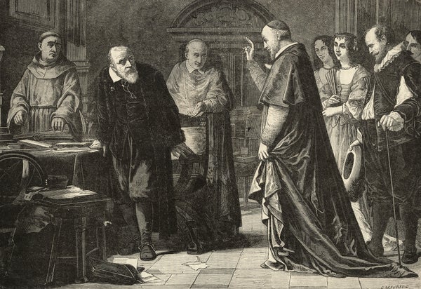 A bearded man on the left talks with a man with a raised hand and a skullcap on the right while others listen, all in Renaissance garb.