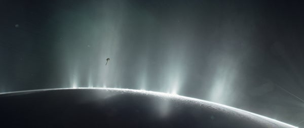 The Cassini spacecraft swoops through plumes issuing from Saturn's moon Enceladus (artist's impression).