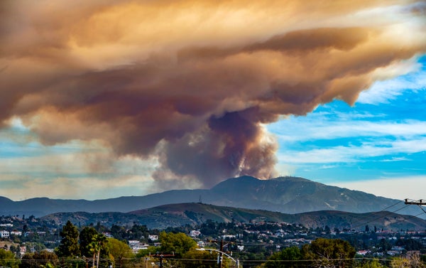 A wildfire burns in the Cleveland National Forest in this view from Orange on Wednesday, March 2, 2022.
