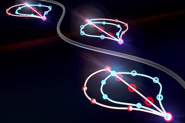 An artist's impression of electrons within a semiconductor being accelerated and energized by laser pulses.
