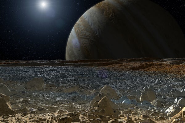 An artist's concept of the view from Jupiter's moon Europa