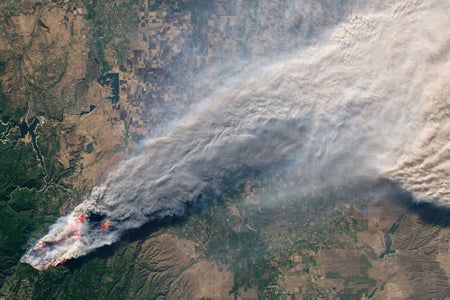 Satellite image showing large swath of land on fire with a growing plume of smoke stretching across the frame