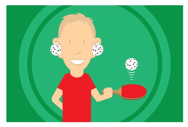 Illustration of a person with a paddle bouncing a ball, with the same balls sitting in their ears.