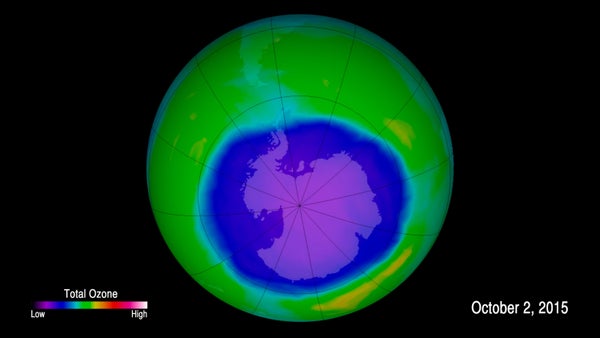 The Antarctic ozone hole on October 2, 2015 as captured by the Aura satellite.