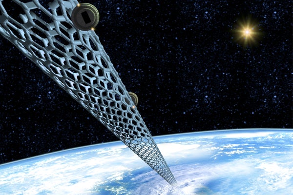 Carbon nanotube space elevator. Conceptual computer artwork of a cylindrical fullerene (carbon nanotube) rising from the ground to Earth orbit as a precursor to a space elevator.