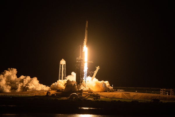 The SpaceX Falcon 9 rocket carrying the Inspiration4 crew launches from Pad 39A at NASA's Kennedy Space Center in Cape Canaveral, Florida on September 15, 2021