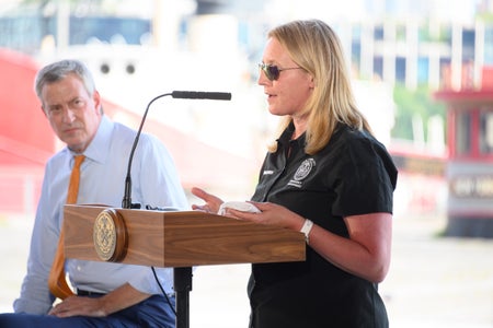 Deanne Criswell speaks at the South Street Seaport.