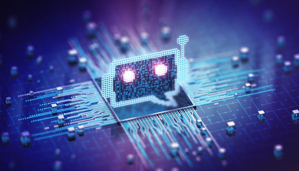 A conceptual illustration of a chatbot icon on a computer chip grid.