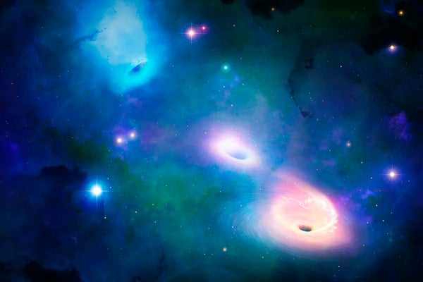 Colorful swirls of color delineate an artist's impression of a black hole swarm in space.