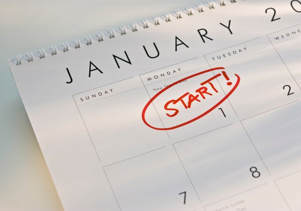 Photograph of calendar with the word "start" written and circled on January 1st