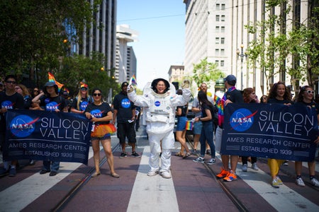 Each year, members of the LGBTQ+ Advisory Group at NASA's Ames Research Center participate in the San Francisco Pride parade, as seen here during 2019's festivities.