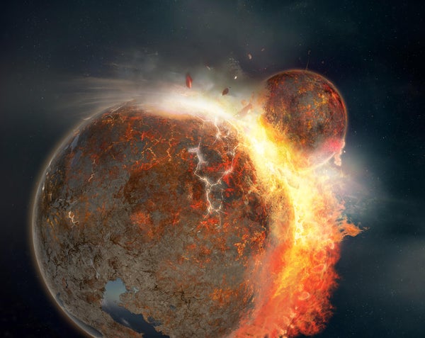 A giant collision between the ancient protoplanet Theia and the proto-Earth about 4.5 billion years ago.