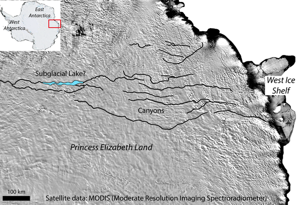 sub-glacial lakes and canyons in Antarctica