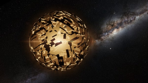 Dyson sphere around a distant star in front of the Milky Way