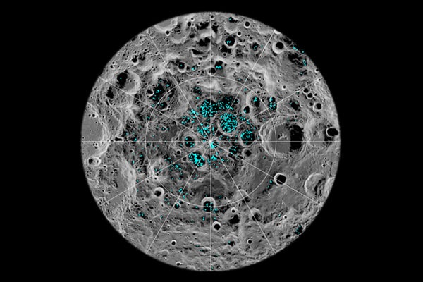The image shows the distribution of surface ice at the Moon's south pole.