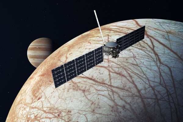 An artist's concept of NASA's Europa Clipper mission at Jupiter.