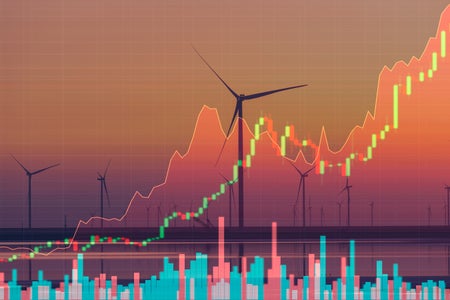 Wind turbines on the background of stock charts