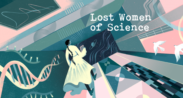 Artwork of a woman traveling into a surreal landscape of science-related imagery