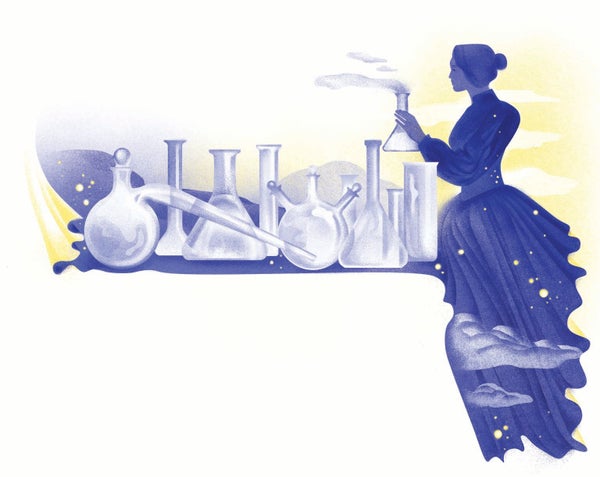 Illustration of a woman in a long dress near various chemical beakers.
