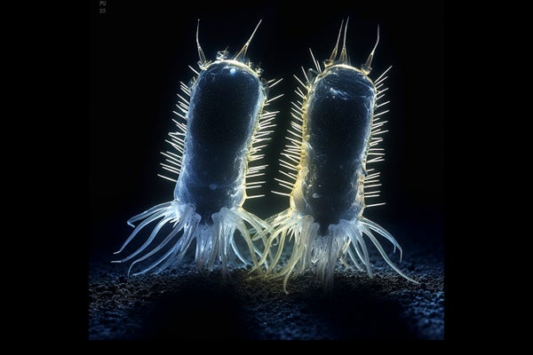 Artist's imagination of two primordial eukaryotic organisms of the 'Protosterol Biota' on the ocean floor.