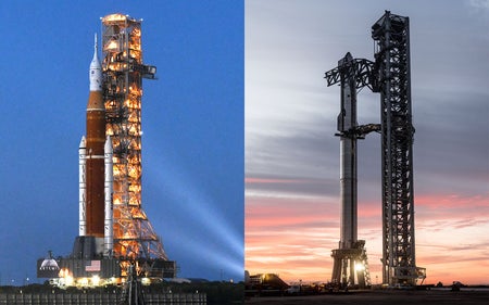 NASA's SLS moon megarocket topped by the Orion spacecraft (left); Starship Super Heavy (right)