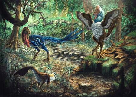 Artist's depiction of Eoneophron infernalis (top left), MOR 752 (bottom left), and Anzu wyliei (right) in the Hell Creek Formation.