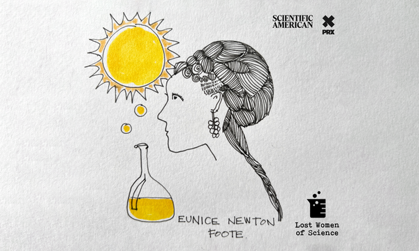 A caricature illustration of a woman in profile looking at a scientific flask that's bubbling up to the sun