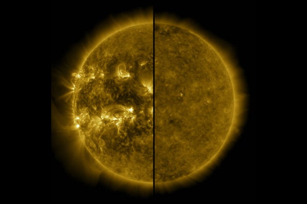 This image shows how the sun's appearance changes between solar maximum (left) and solar minimum (right).