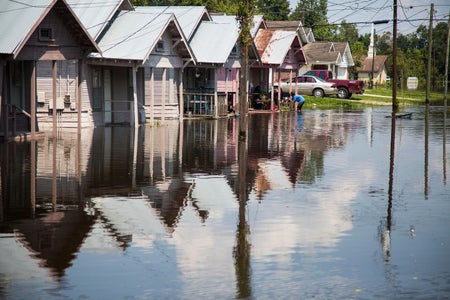 Rows of single family homes sit in flood waters in the aftermath of Hurricane Harvey