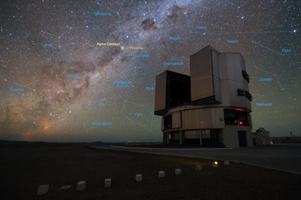 A photograph of Alpha Centauri rising above the Very Large Telescope in Chile.