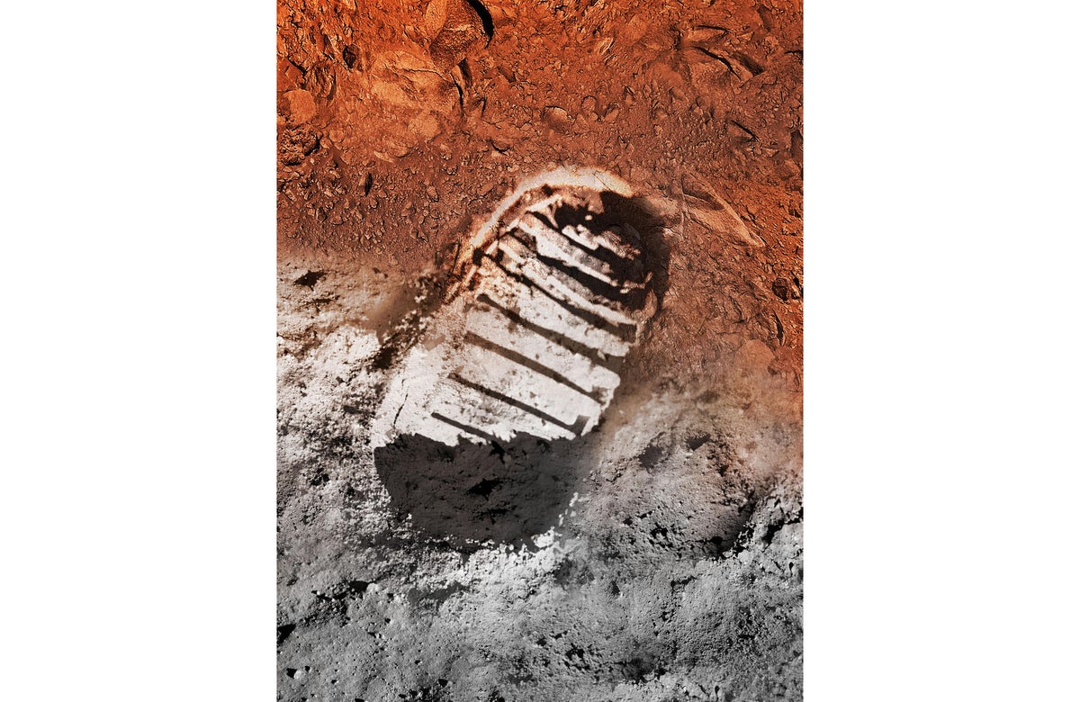 An artist's rendition of bootprints on the moon and Mars.