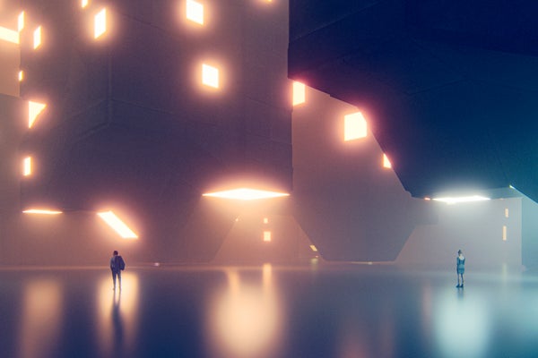 A lonely human figure wanders through a futuristic cityscape.