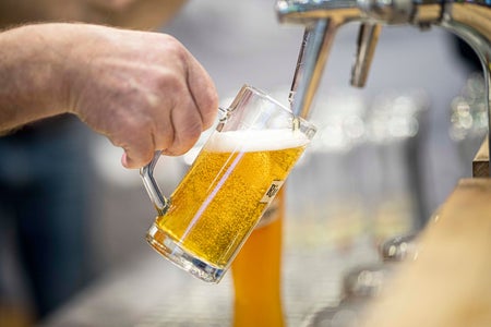 A Bartender pours beer into a mug.